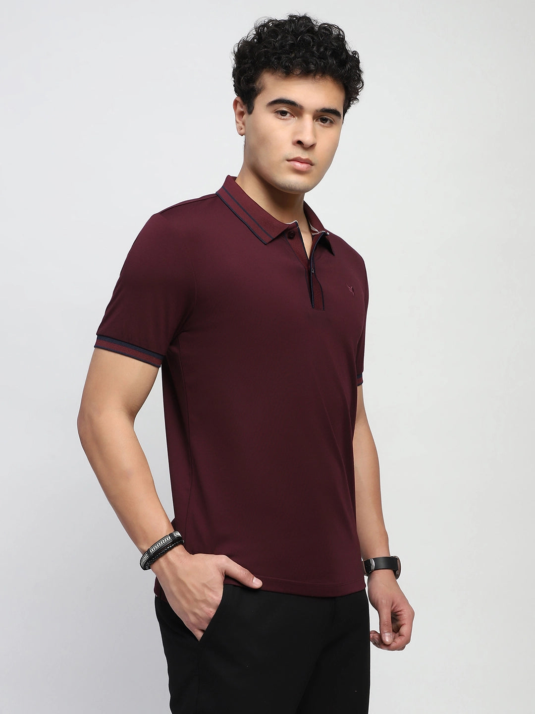 Wine Solid Cotton Blend Regular Fit Polo T-Shirt