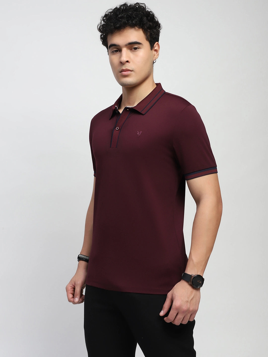 Wine Solid Cotton Blend Regular Fit Polo T-Shirt