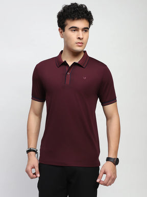 Wine Solid Cotton Blend Regular Fit Polo T-Shirt