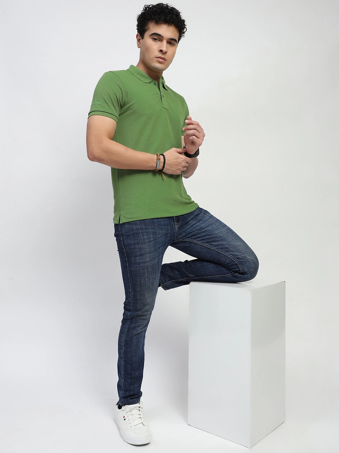 Green Solid Cotton Blend Regular Fit Polo T-Shirt