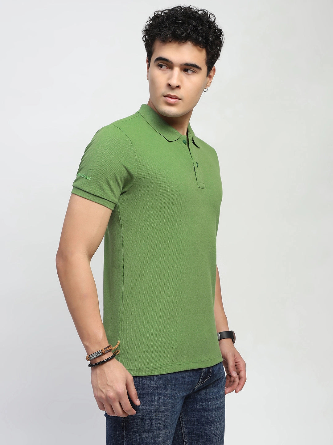 Green Solid Cotton Blend Regular Fit Polo T-Shirt