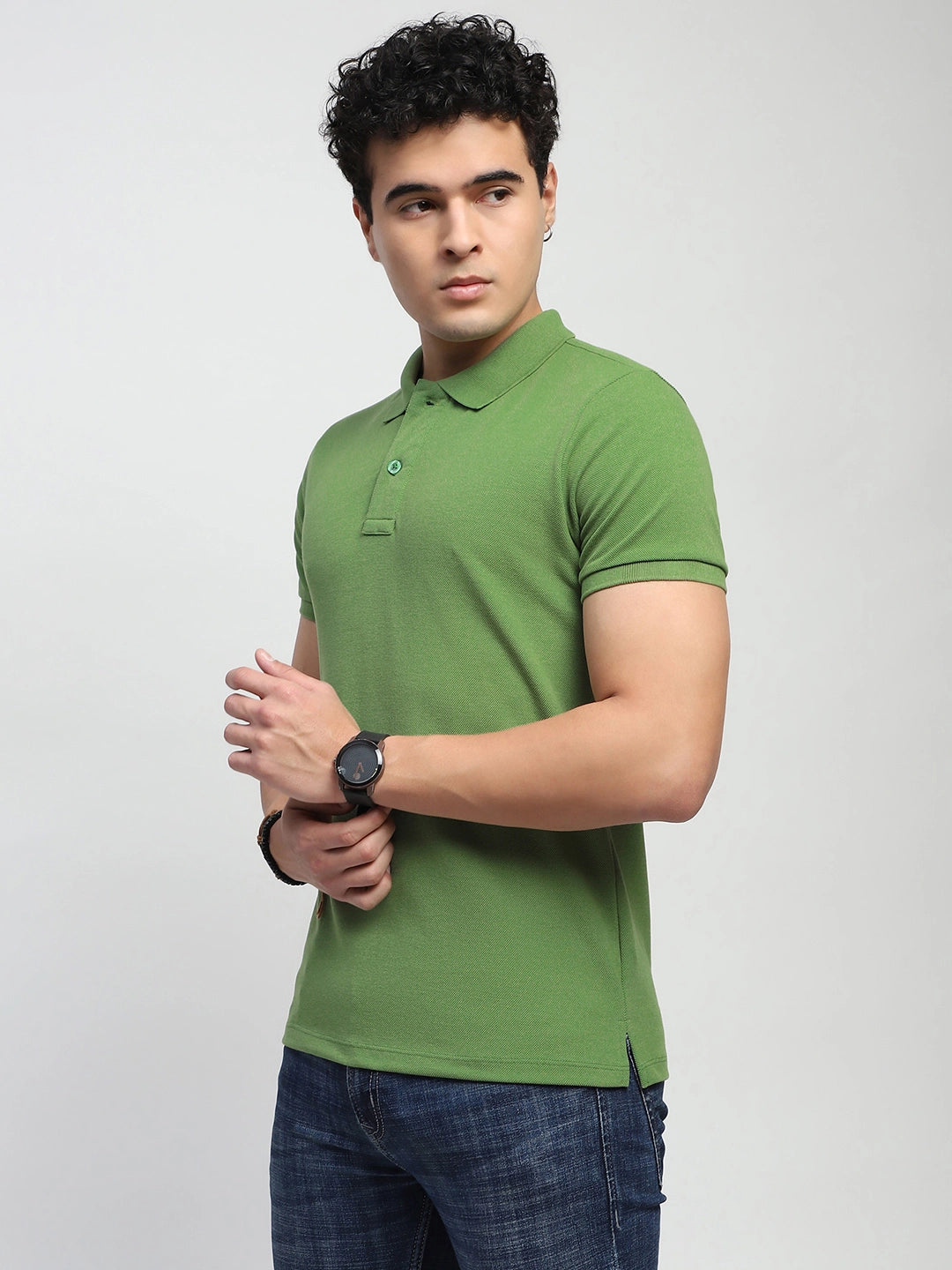 Green Solid Cotton Blend Regular Fit Polo T-Shirt