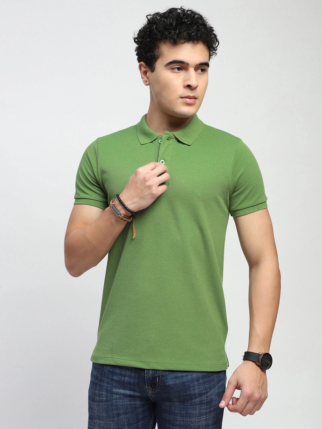 Green Solid Cotton Blend Regular Fit Polo T-Shirt