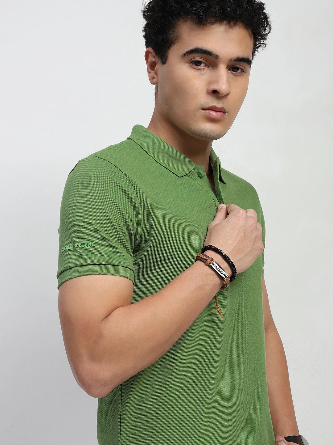 Green Solid Cotton Blend Regular Fit Polo T-Shirt