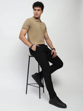 Khaki Solid Cotton Blend Regular Fit Polo T-Shirt