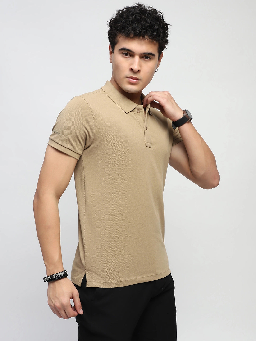 Khaki Solid Cotton Blend Regular Fit Polo T-Shirt