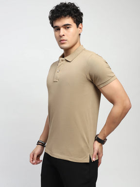 Khaki Solid Cotton Blend Regular Fit Polo T-Shirt