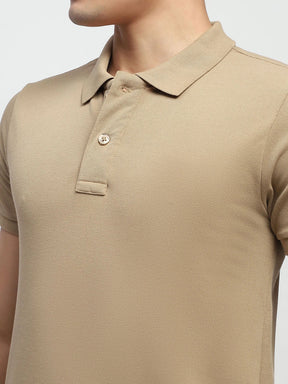 Khaki Solid Cotton Blend Regular Fit Polo T-Shirt