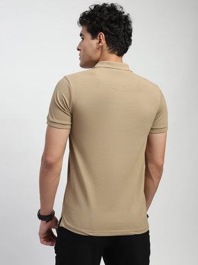 Khaki Solid Cotton Blend Regular Fit Polo T-Shirt