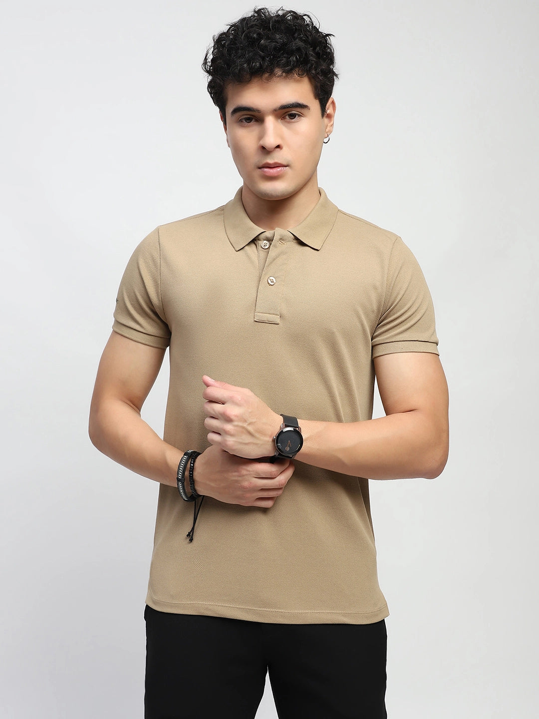 Khaki Solid Cotton Blend Regular Fit Polo T-Shirt