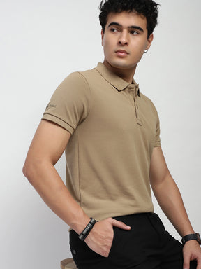 Khaki Solid Cotton Blend Regular Fit Polo T-Shirt