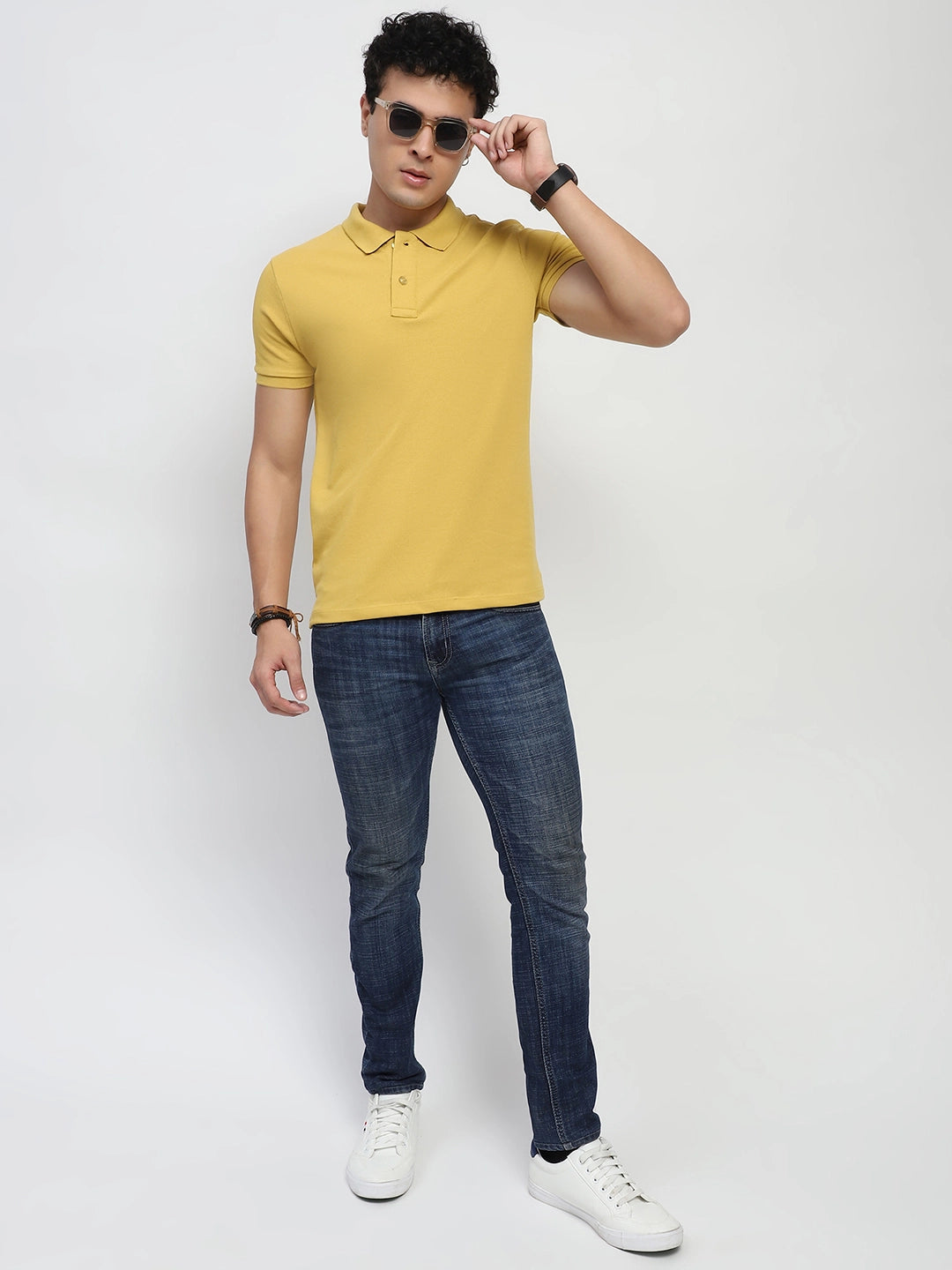 Mustard Solid Cotton Blend Regular Fit Polo T-Shirt