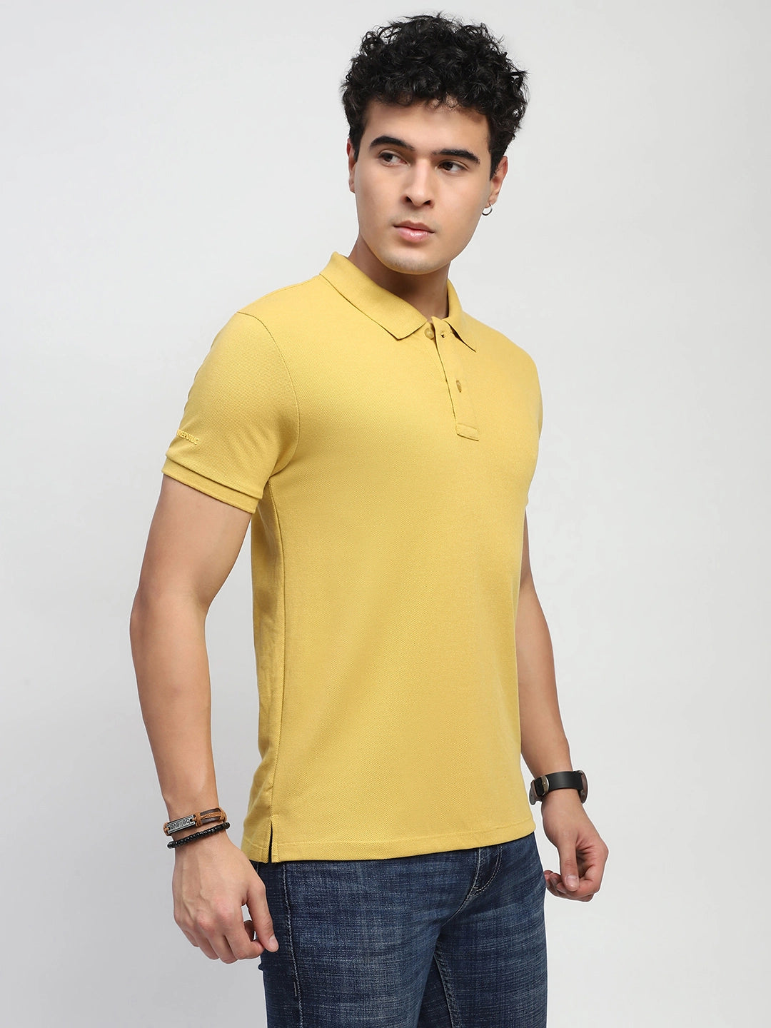 Mustard Solid Cotton Blend Regular Fit Polo T-Shirt