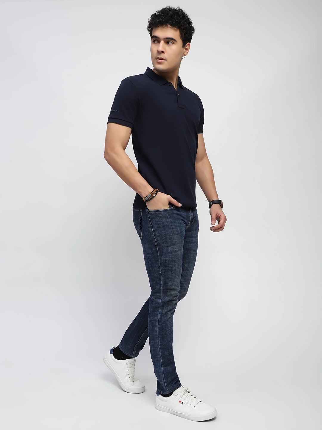 Navy Solid Cotton Blend Regular Fit Polo T-Shirt