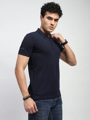 Navy Solid Cotton Blend Regular Fit Polo T-Shirt