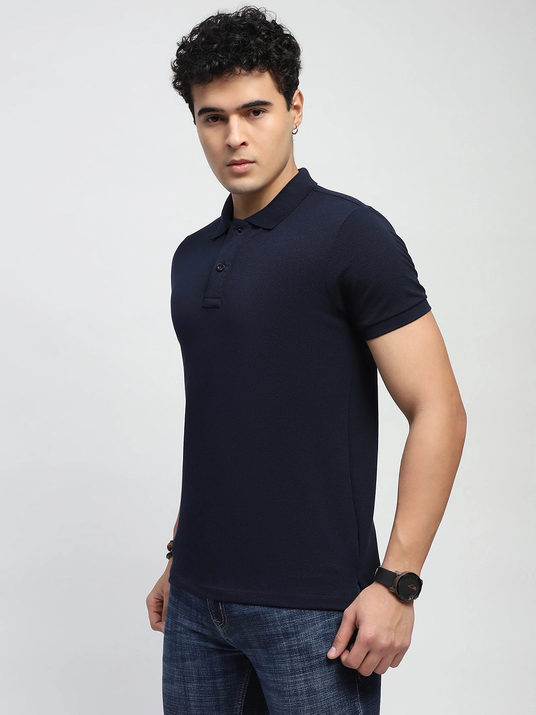 Navy Solid Cotton Blend Regular Fit Polo T-Shirt