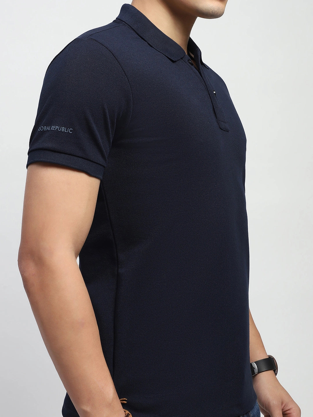 Navy Solid Cotton Blend Regular Fit Polo T-Shirt