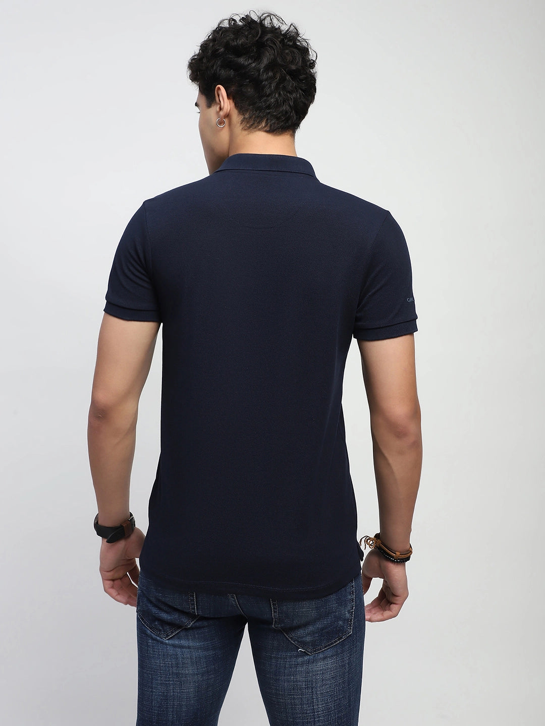 Navy Solid Cotton Blend Regular Fit Polo T-Shirt