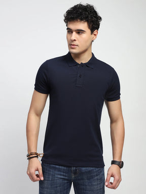 Navy Solid Cotton Blend Regular Fit Polo T-Shirt