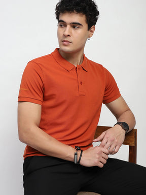 Rust Solid Cotton Blend Regular Fit Polo T-Shirt