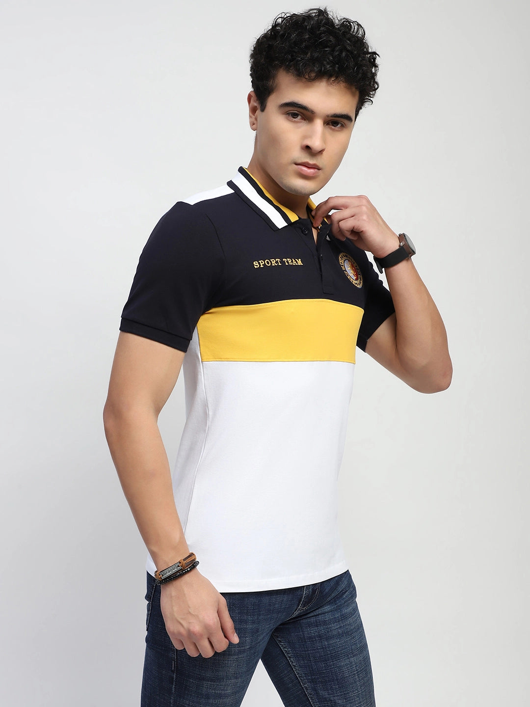 Yellow Color Block Cotton Regular Fit T-Shirt