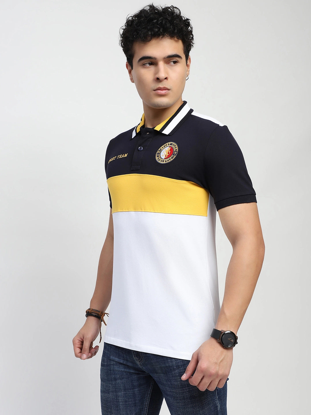 Yellow Color Block Cotton Regular Fit T-Shirt