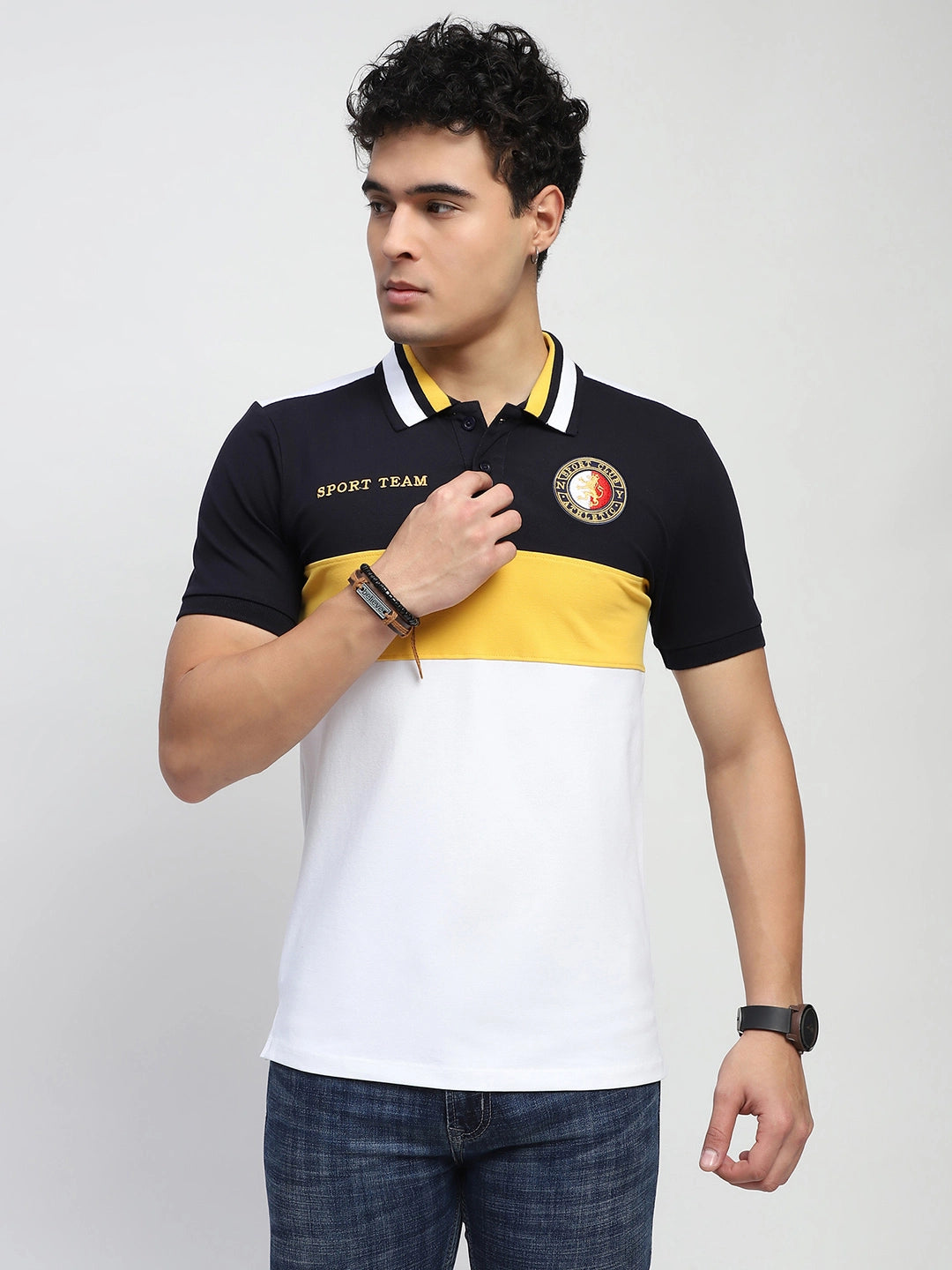 Yellow Color Block Cotton Regular Fit T-Shirt