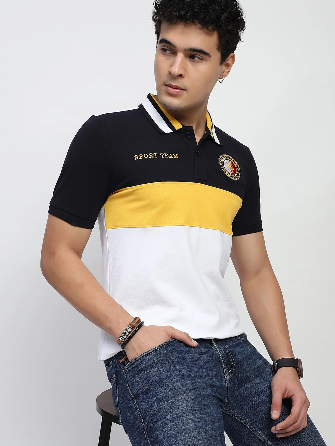 Yellow Color Block Cotton Regular Fit T-Shirt