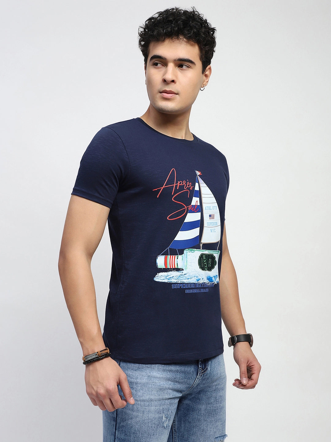 Navy Graphic Print Cotton Regular Fit T-Shirt