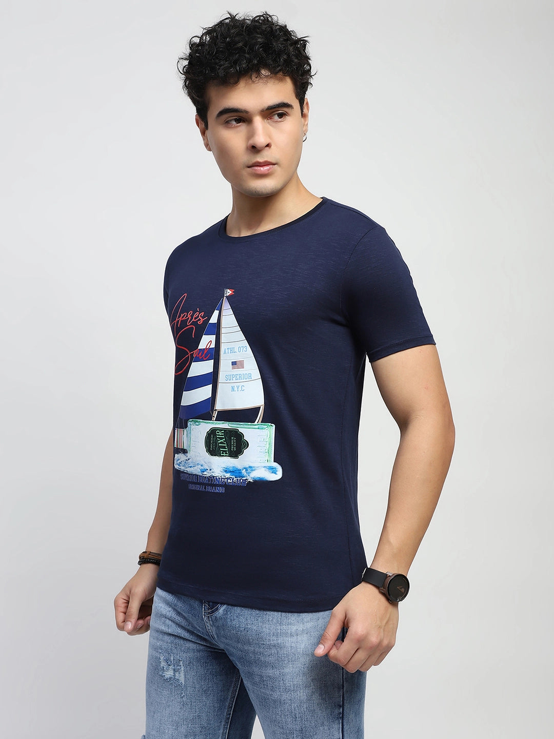 Navy Graphic Print Cotton Regular Fit T-Shirt