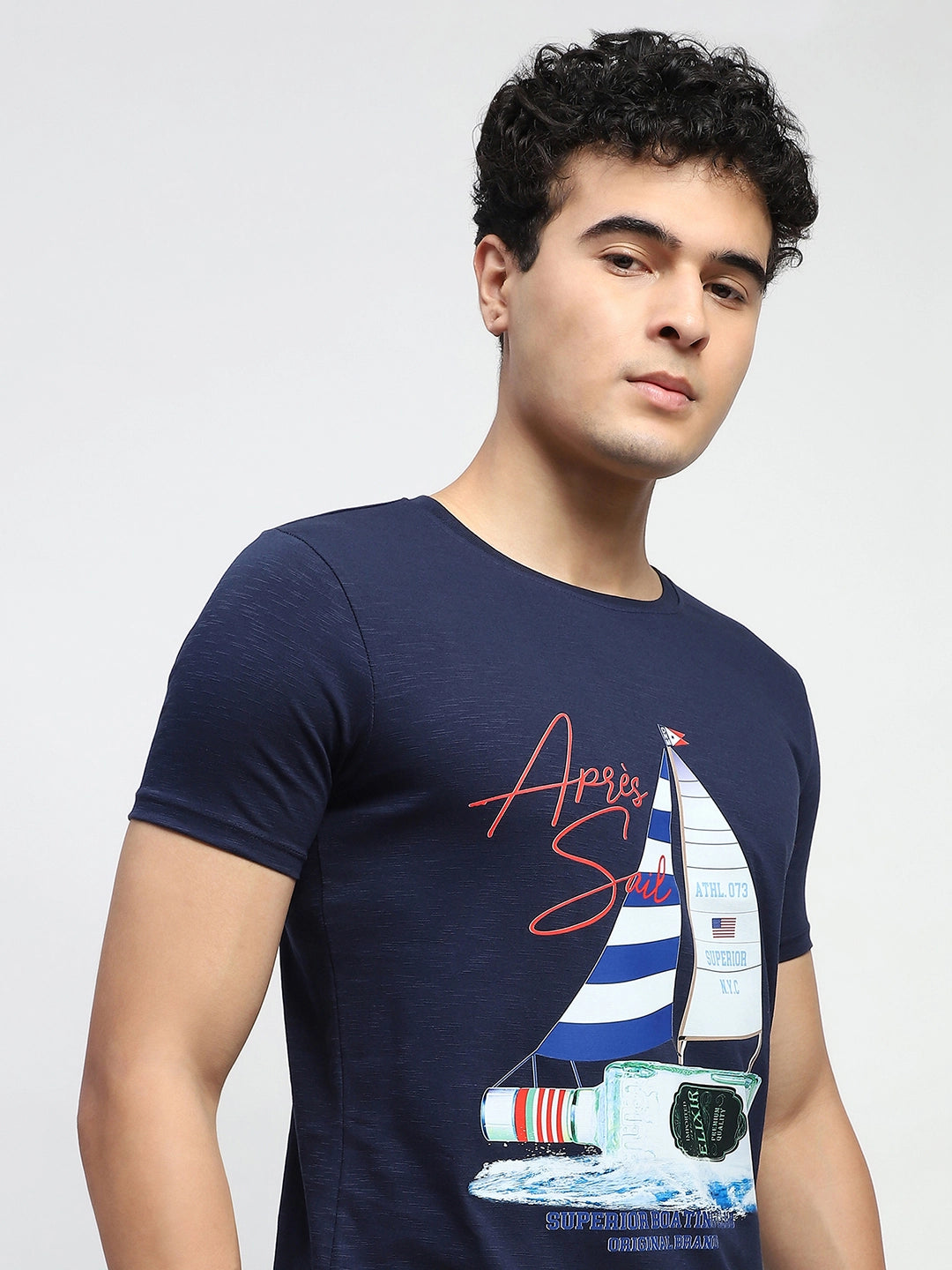 Navy Graphic Print Cotton Regular Fit T-Shirt