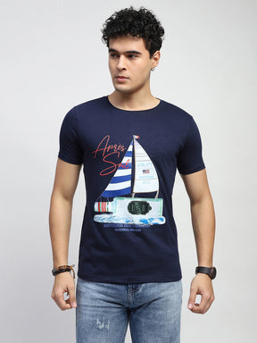 Navy Graphic Print Cotton Regular Fit T-Shirt