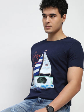 Navy Graphic Print Cotton Regular Fit T-Shirt