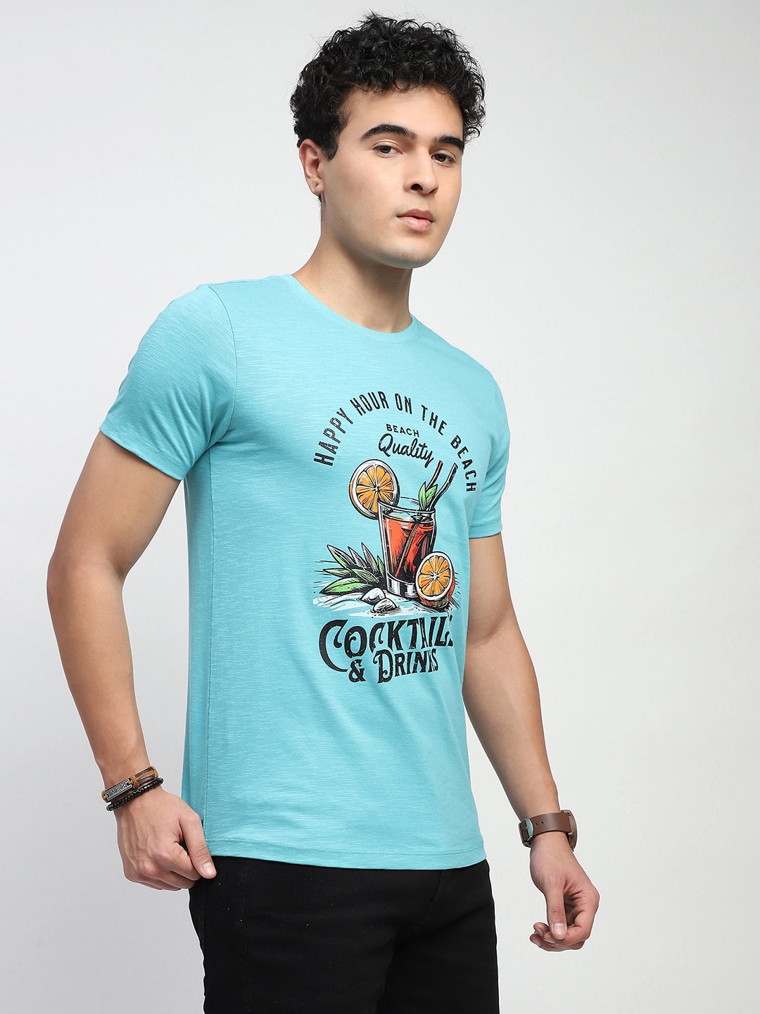 Aqua Graphic Cotton Round Neck Regular Fit T-Shirt