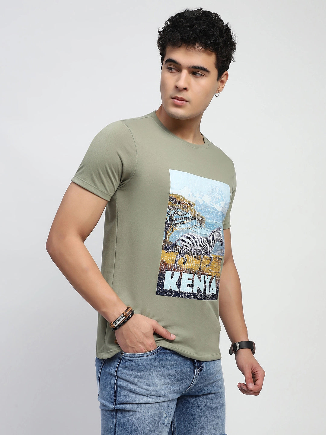 Light Olive Graphic Print Cotton Blend Regular Fit T-Shirt