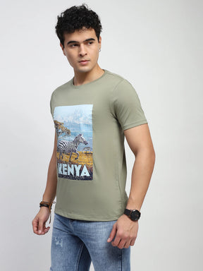 Light Olive Graphic Print Cotton Blend Regular Fit T-Shirt