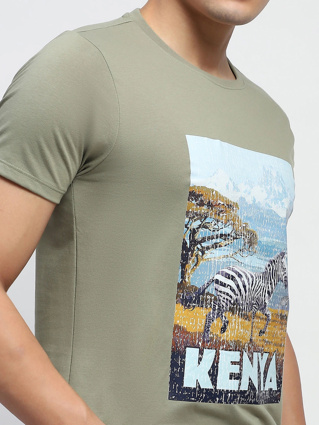 Light Olive Graphic Print Cotton Blend Regular Fit T-Shirt