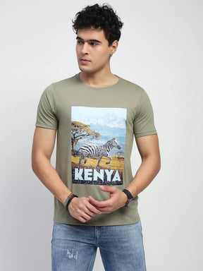 Light Olive Graphic Print Cotton Blend Regular Fit T-Shirt