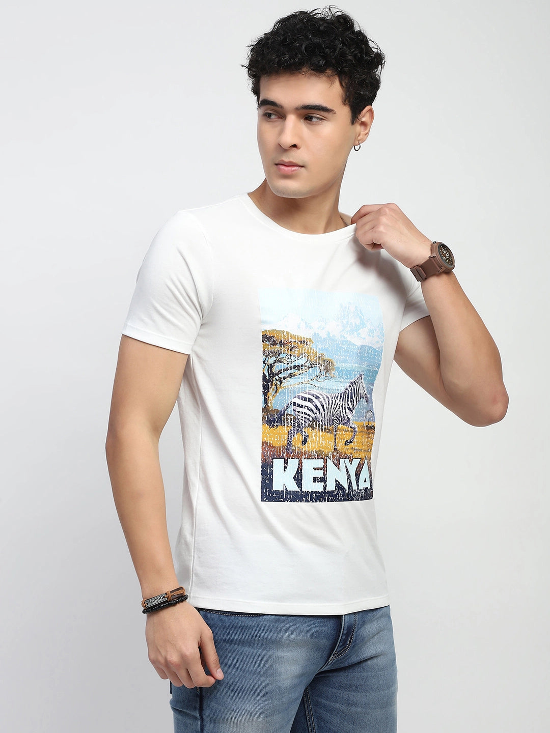 White Graphic Print Cotton Blend Regular Fit T-Shirt