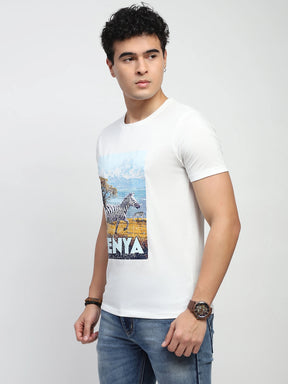 White Graphic Print Cotton Blend Regular Fit T-Shirt