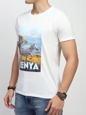 White Graphic Print Cotton Blend Regular Fit T-Shirt