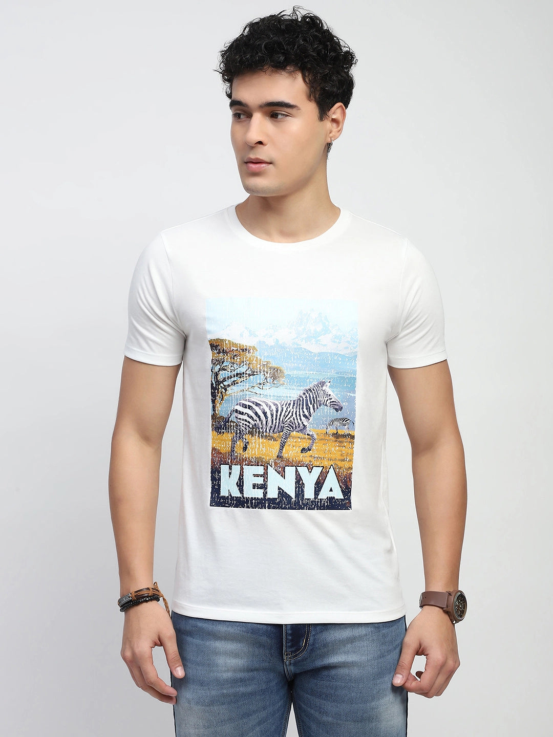 White Graphic Print Cotton Blend Regular Fit T-Shirt