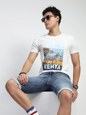 White Graphic Print Cotton Blend Regular Fit T-Shirt