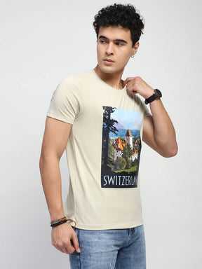 Beige Graphic Print Cotton Blend Regular Fit T-Shirt