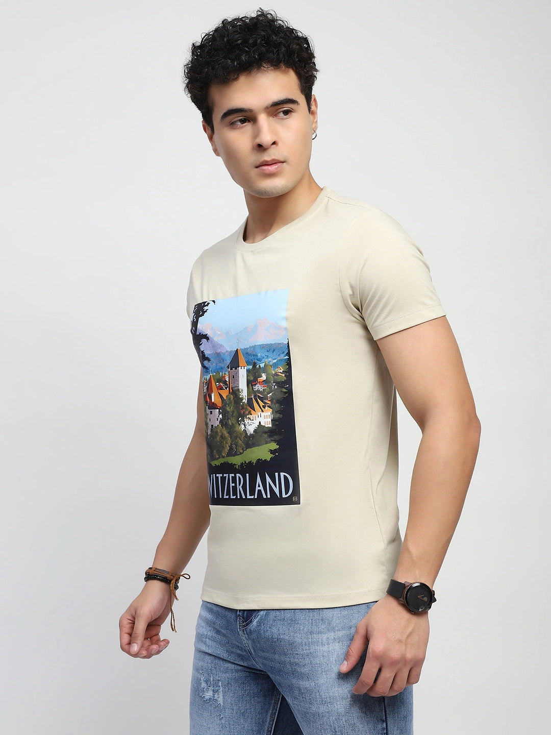 Beige Graphic Print Cotton Blend Regular Fit T-Shirt