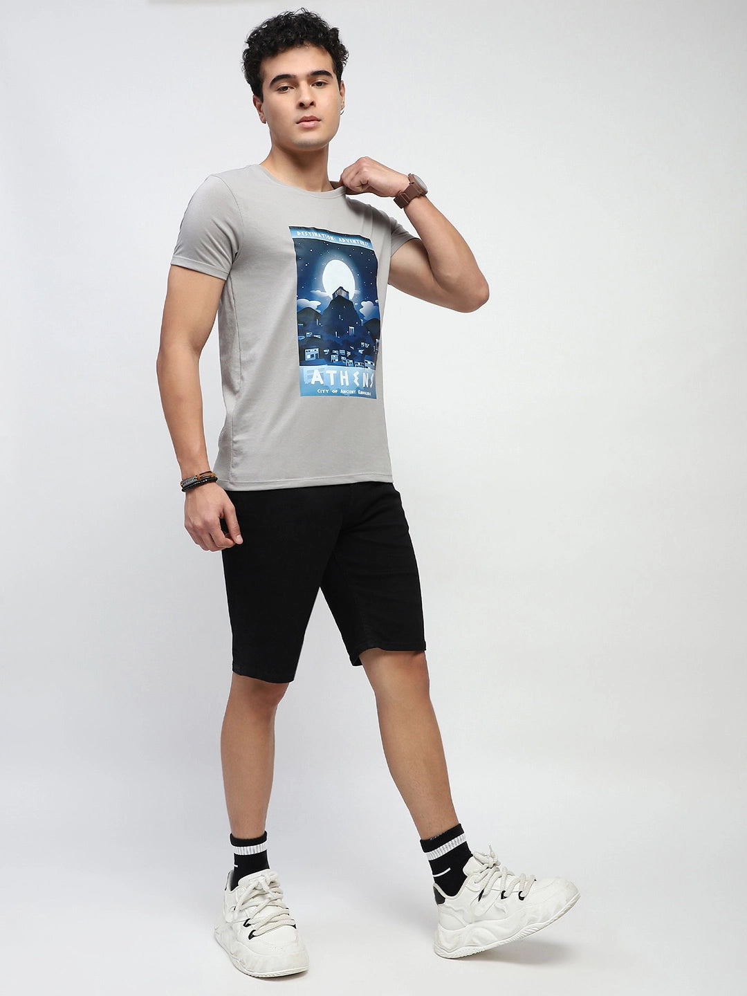 Grey Graphic Print Cotton Blend Regular Fit T-Shirt