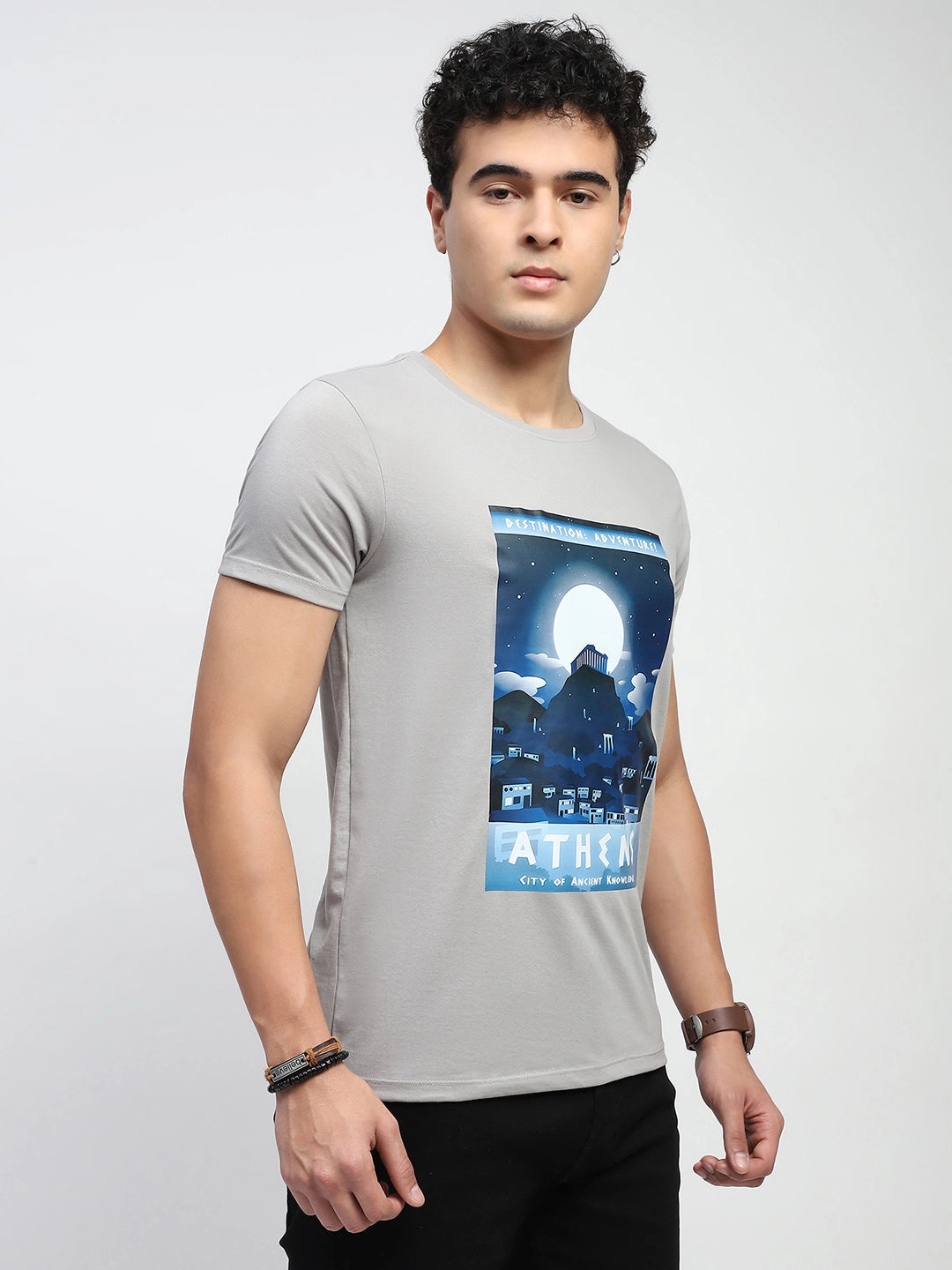 Grey Graphic Print Cotton Blend Regular Fit T-Shirt