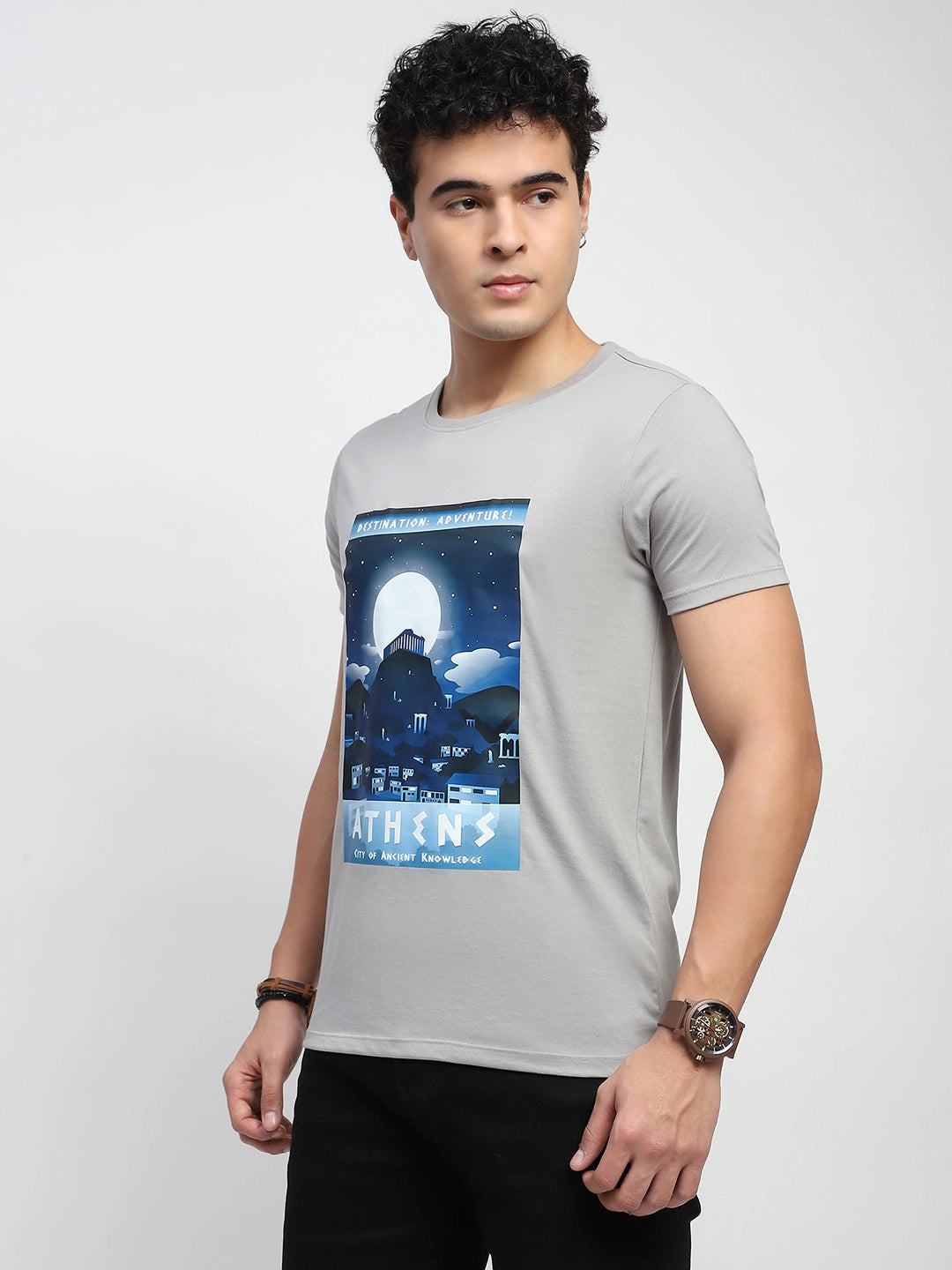 Grey Graphic Print Cotton Blend Regular Fit T-Shirt