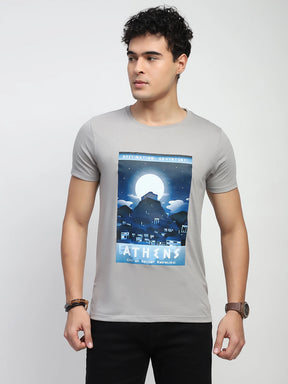 Grey Graphic Print Cotton Blend Regular Fit T-Shirt