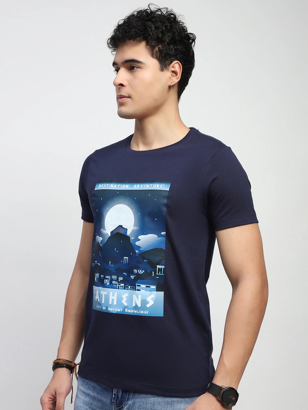 Navy Graphic Print Cotton Blend Regular Fit T-Shirt